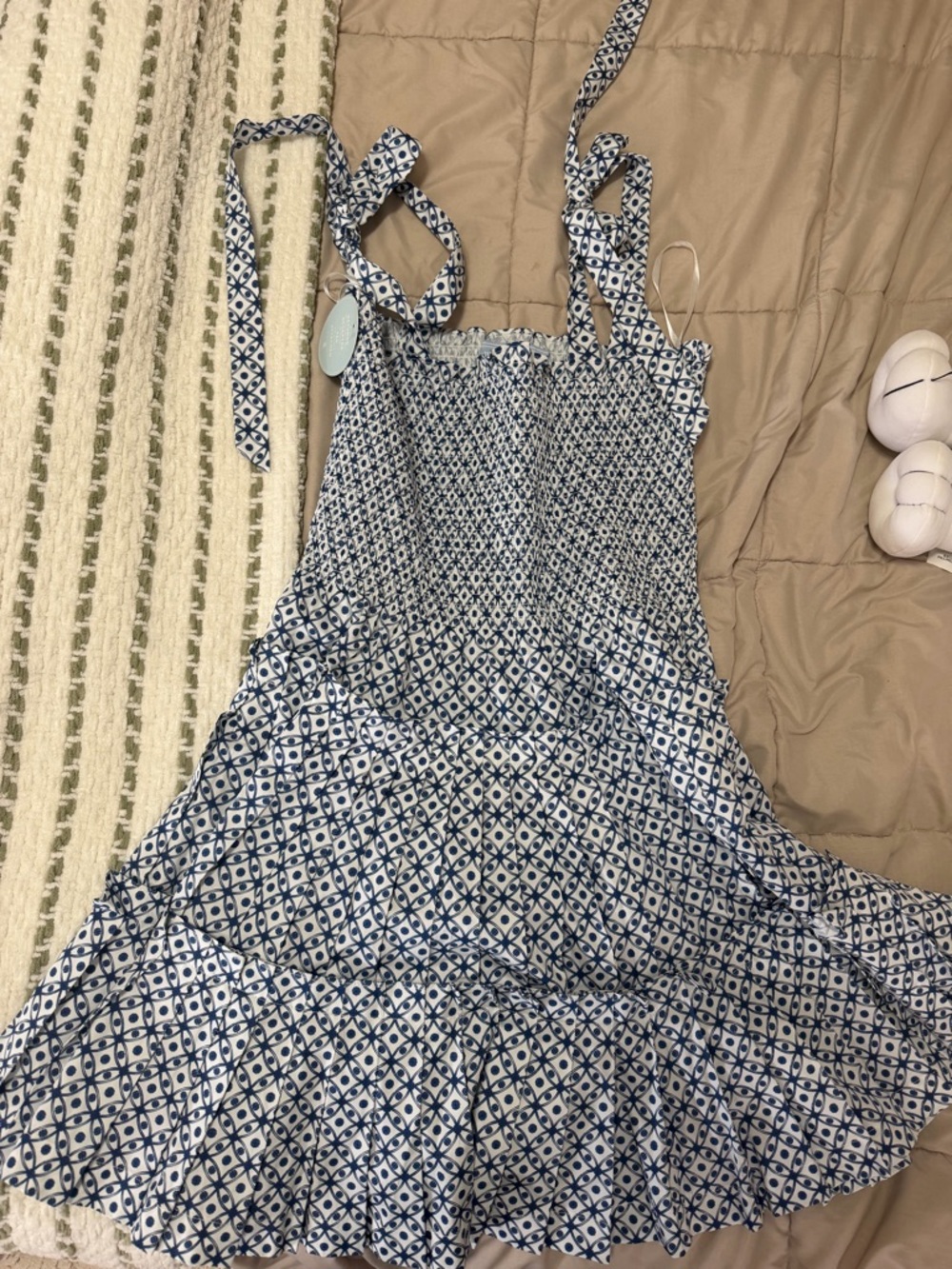 Hill House Navy and White Smocked Tie-Shoulder Sundress
